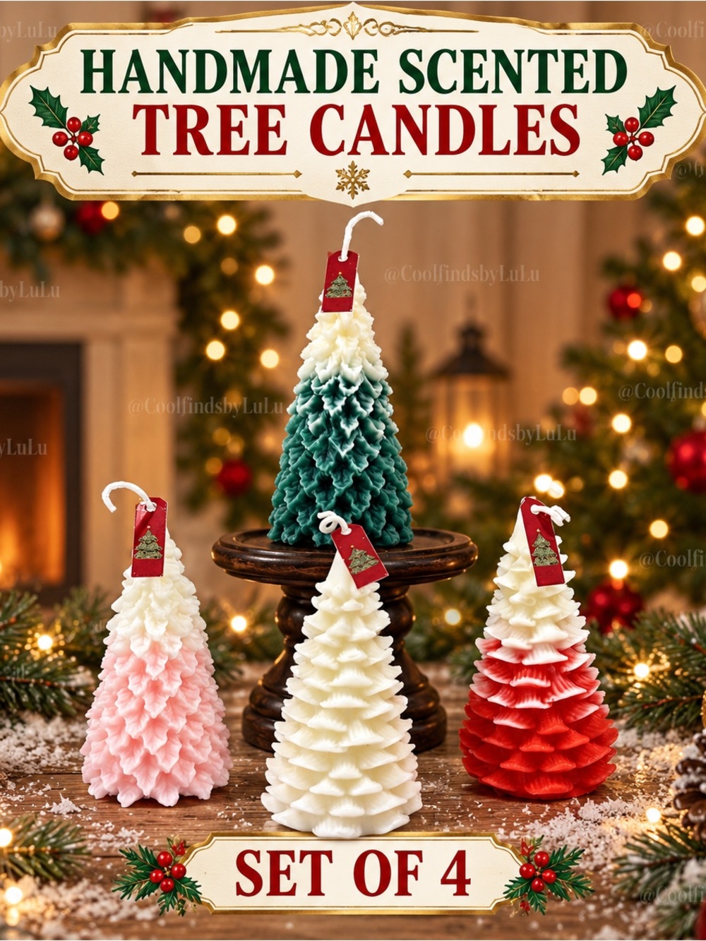 Handmade Scented Tree Candles - Set of 4 (Green, Pink, White, Red)